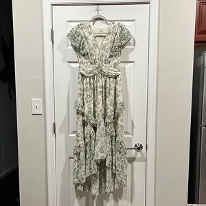 Max Studio Creme Green   Cottagecore WhimsicalFlutter Sleeves Asymmetrical Dress